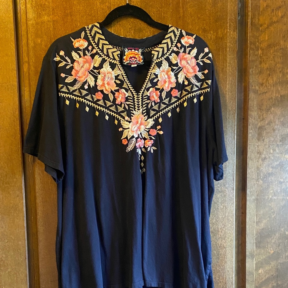 Johnny Was Dark Blue Top with Pink Floral Embroidery